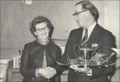 Susie receiving a tea set for 35 years service, 1968