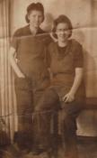 Isabel Thomas's sister Marian Bagshaw (on the right) and her friend Sylvia in Wern Aluminium works, Aberafan.